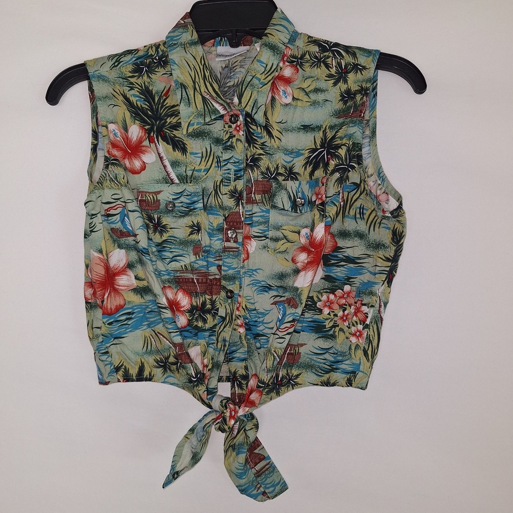Vintage‎ Newport News Tropical Hibiscus Tie Front Sleeveless Button Up Top S
